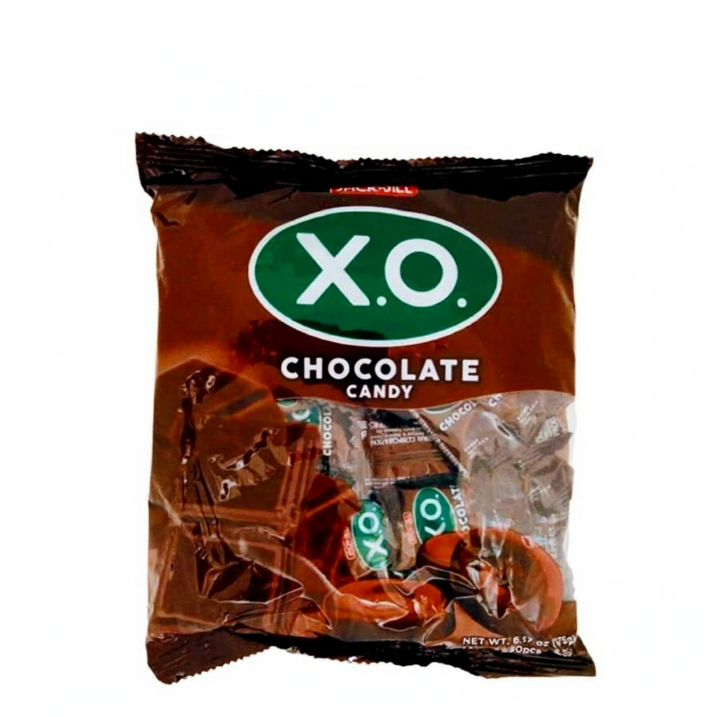 Packaged chocolate candy with X.O. branding on a white background
