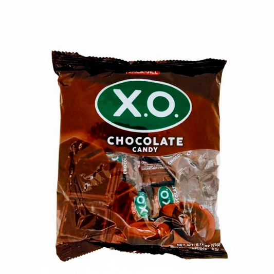 Packaged chocolate candy with X.O. branding on a white background