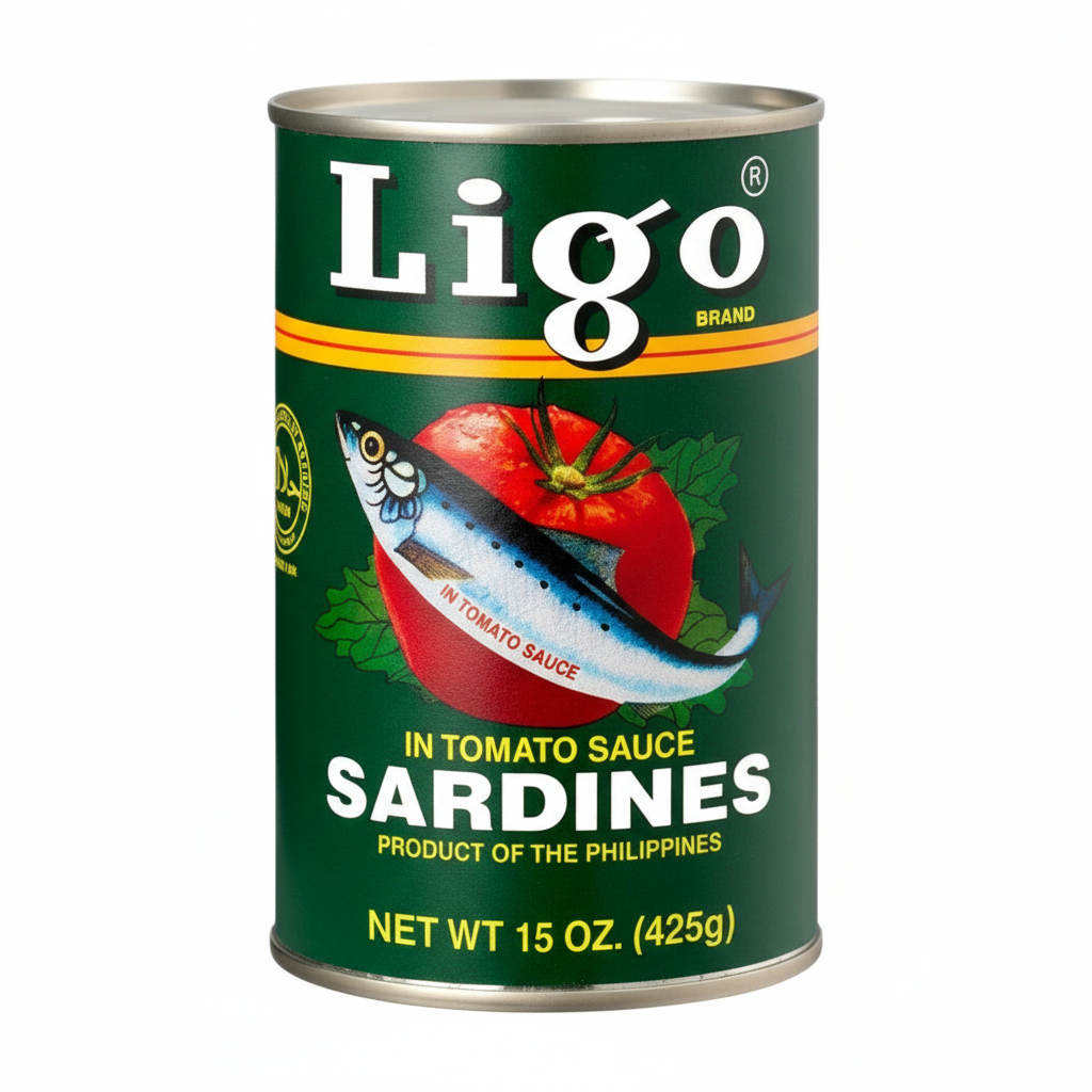 Ligo brand sardines can in tomato sauce on a white background