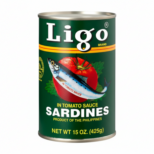 Ligo brand sardines can in tomato sauce on a white background