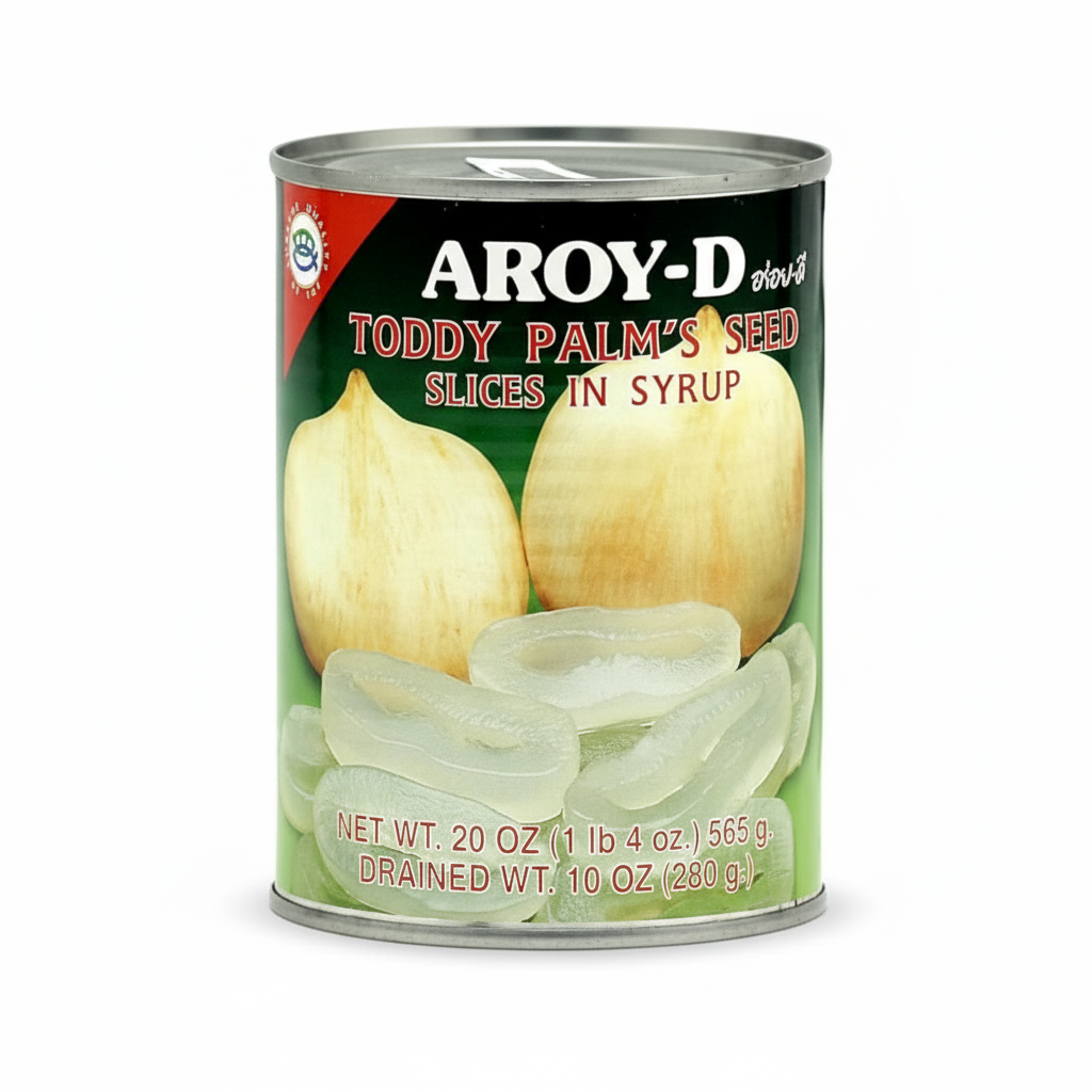 Can of Aroy-D Toddy Palm's Seed Slices in Syrup on a white background