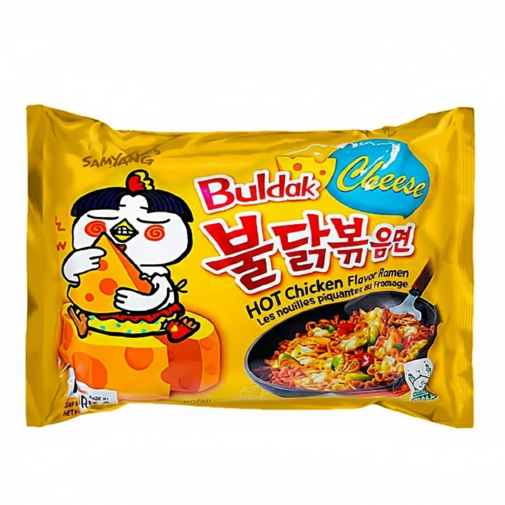 Samyang Buldak Cheese Hot Chicken Flavor Ramen packaging with cartoon character on yellow background