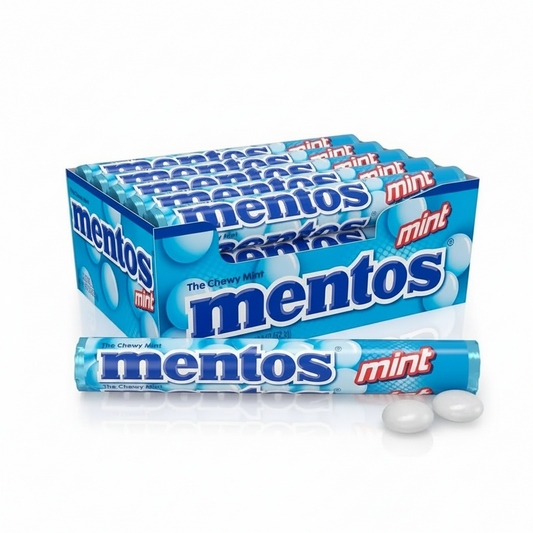 Box of Mentos mint candy with a single stick on a white background