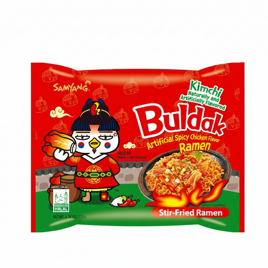 Samyang Kimchi Bulgak Artificial Spicy Chicken Flavor Ramen package with cartoon character on red background