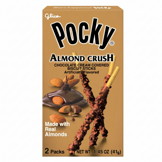 Pocky Almond Crush packaging with Glico logo on a white background