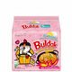 Buldak Stir-Fried Ramen packaging with cartoon character on a pink background