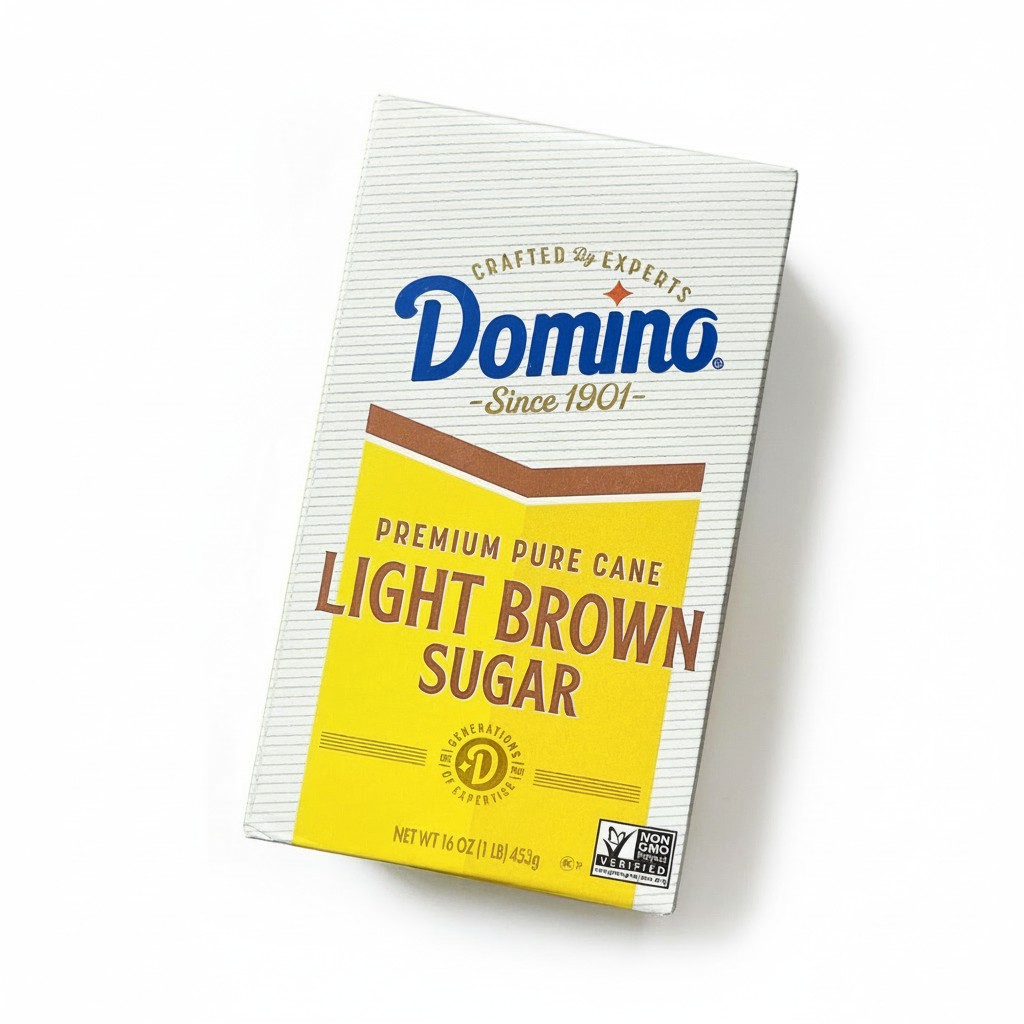 Box of Domino Premium Pure Cane Light Brown Sugar on a white background