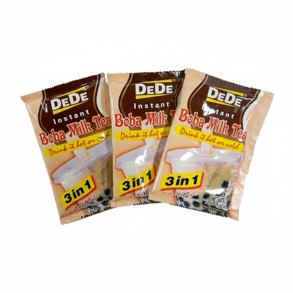 Three packages of DEDE Instant Boba Milk Tea on a white background