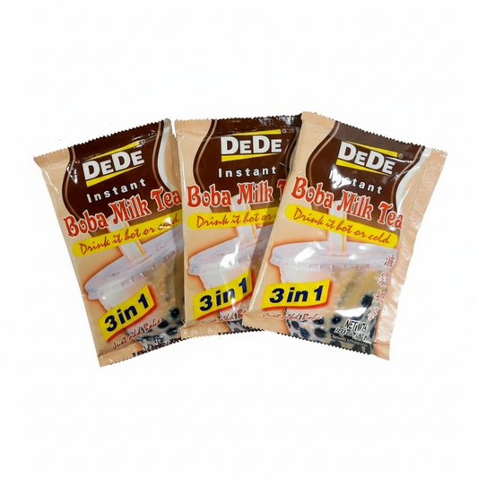 Three packages of DEDE Instant Boba Milk Tea on a white background