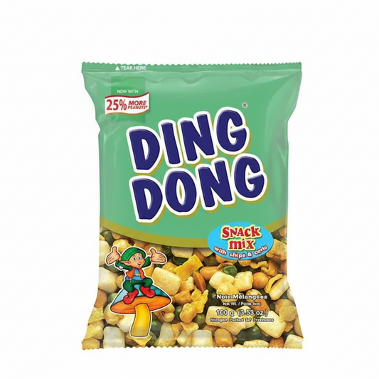 Ding Dong snack mix packaging with a character on a green background