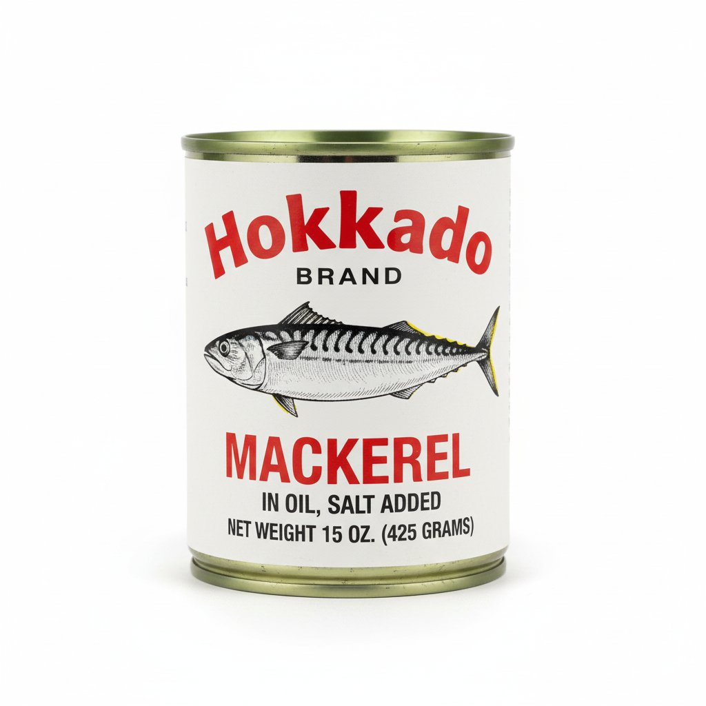 Can of Hokkaido Brand Mackerel with a fish illustration on a white background