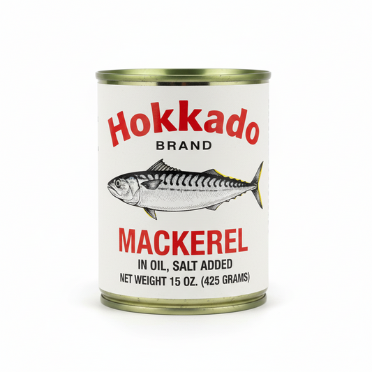 Can of Hokkaido Brand Mackerel with a fish illustration on a white background