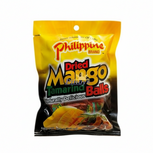 Packaged dried mango and tamarind balls with 'Philippine Brand' on a yellow background