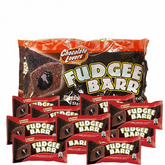 Packaging of Fudgee Barr chocolate bars with a visible brand logo on a white background.