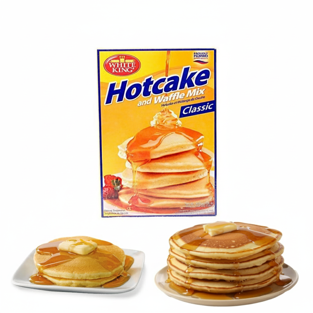 White King Hotcake and Waffle Mix packaging with pancakes on a white background
