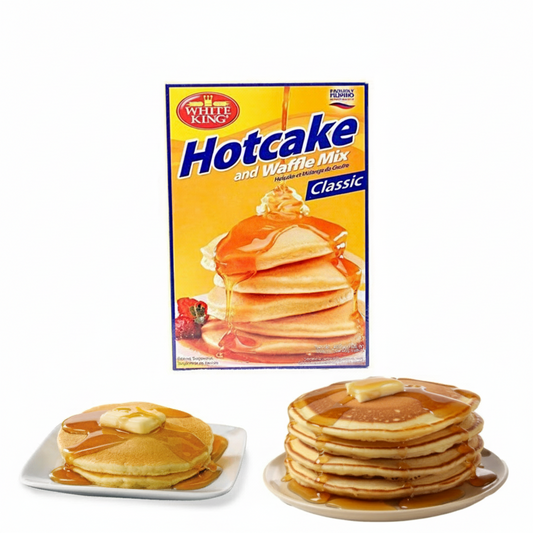 White King Hotcake and Waffle Mix packaging with pancakes on a white background