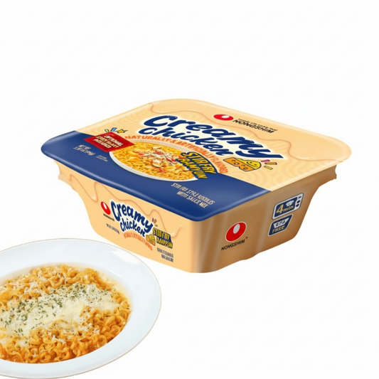Container of Creamy Chicken Macaroni and Cheese with a bowl of the product on a white background, featuring the Mayfair Filipino Store logo.