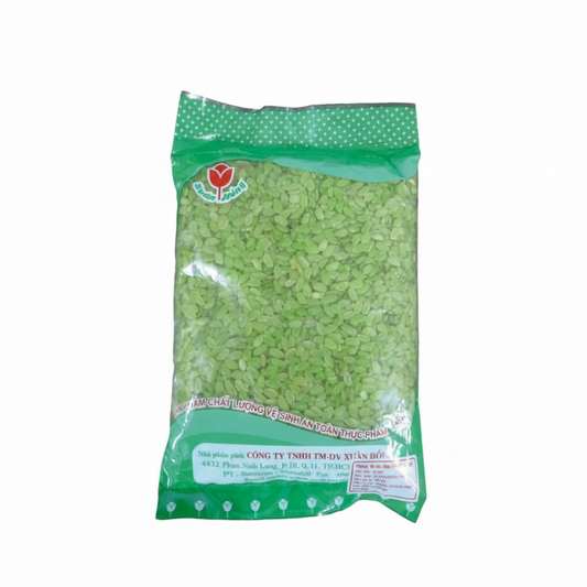 Green package of dried green peas with a brand logo on a white background
