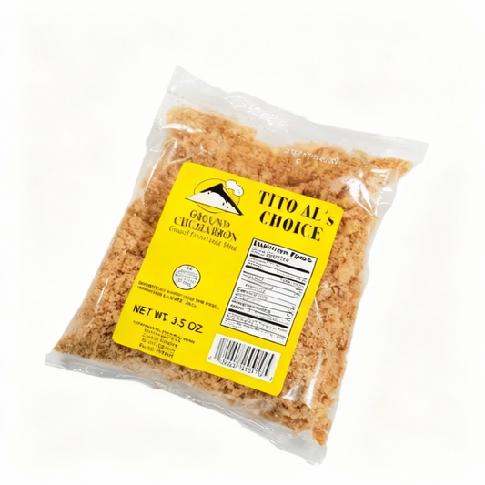 Package of Tito Al's Choice Ground Chicharrón with a yellow label on a white background.