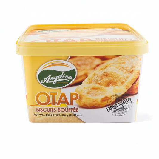 Yellow container of Angelina Otap Biscuits Bouffee on a white background