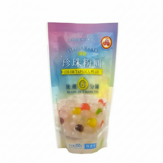 Packaging of colored tapioca pearls with brand logo on a white background