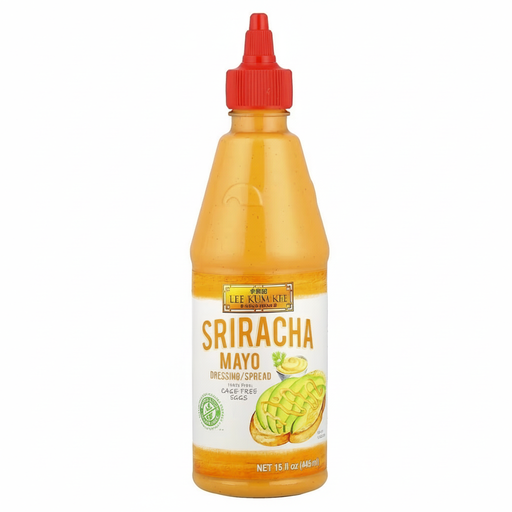 Bottle of Lee Kum Kee Sriracha Mayo on a white background