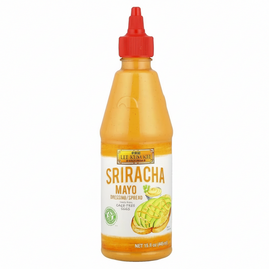 Bottle of Lee Kum Kee Sriracha Mayo on a white background