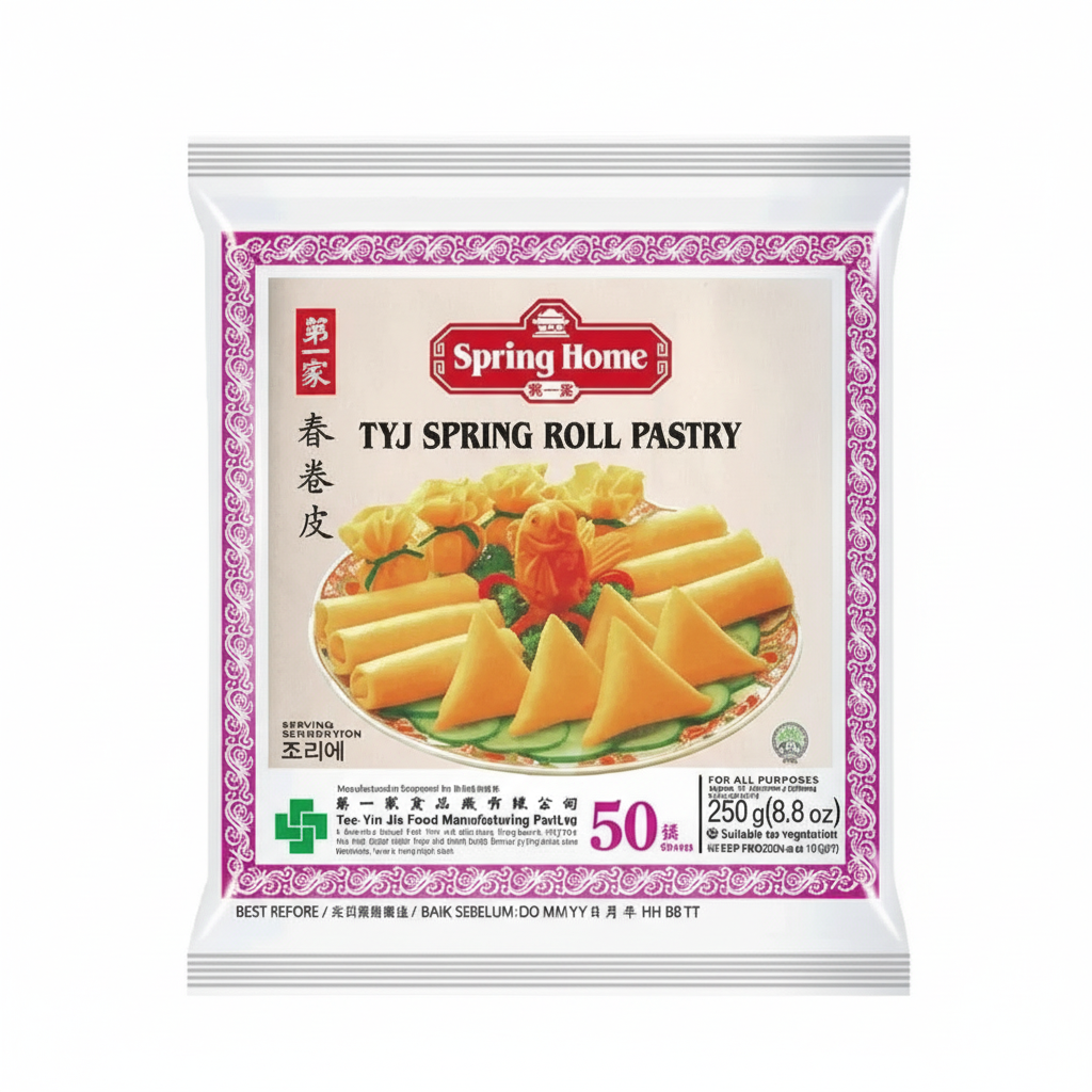 Packaging of Spring Home TYJ Spring Roll Pastry with a white background