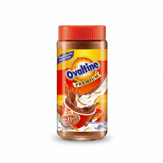 Ovaltine Premium chocolate drink mix jar on a white background