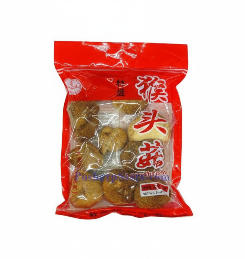 Red package of dried mushrooms with Chinese text on a white background