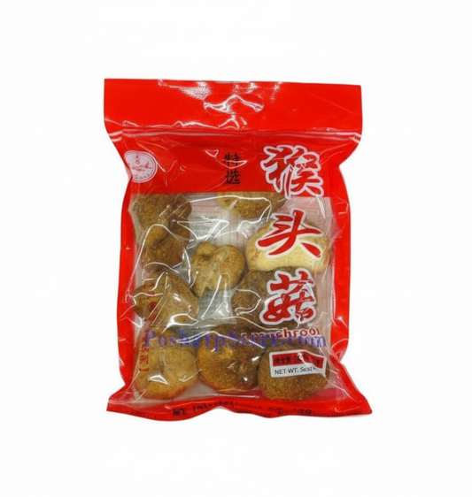 Red package of dried mushrooms with Chinese text on a white background
