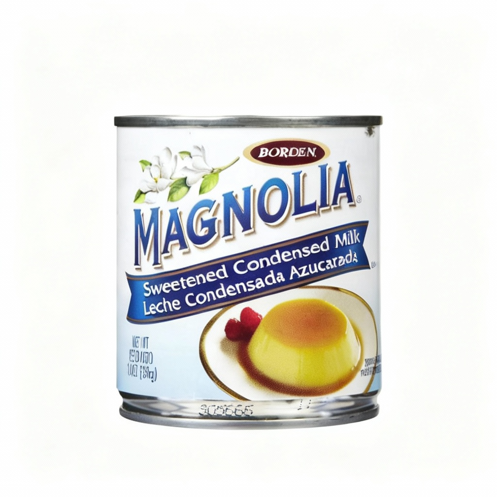 Can of Magnolia Sweetened Condensed Milk with Borden logo on a white background