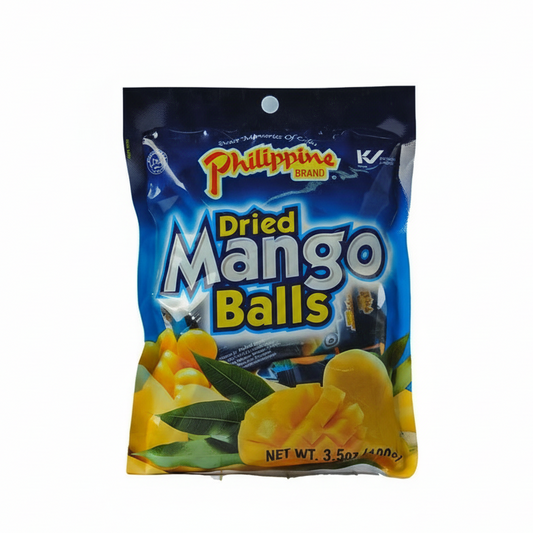 Packaged dried mango balls with 'Philippine Brand' logo on a white background