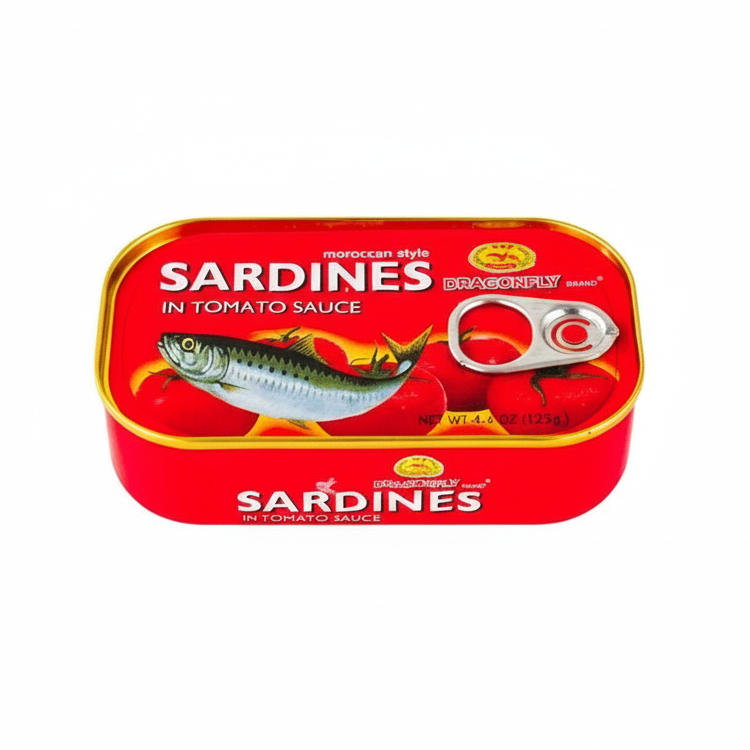 Tin of sardines in tomato sauce with a red label on a white background