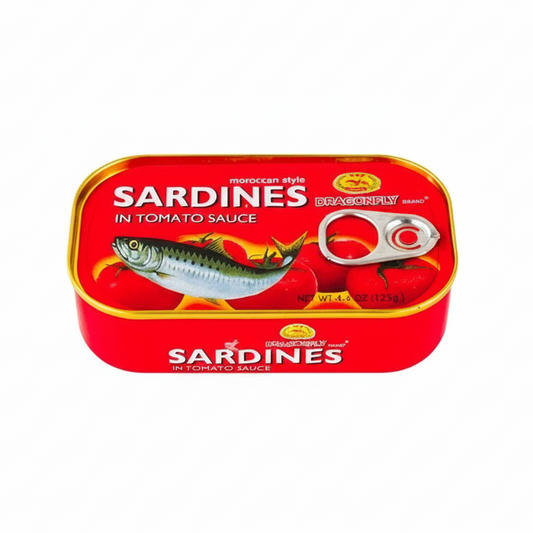 Tin of sardines in tomato sauce with a red label on a white background