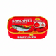 Tin of sardines in tomato sauce with a red label on a white background