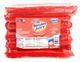 Stack of red hot dogs in a clear plastic package with 'Tender Juicy' label on a white background.