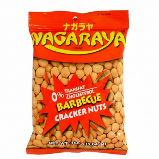 Bag of Nagaraya Barbecue Cracker Nuts with red and yellow packaging on a white background