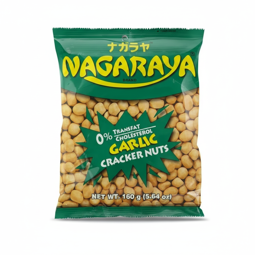 Bag of Nagaraya Garlic Cracker Nuts with green and yellow packaging on a white background