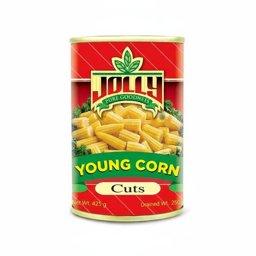 Can of Jolly Young Corn Cuts on a white background