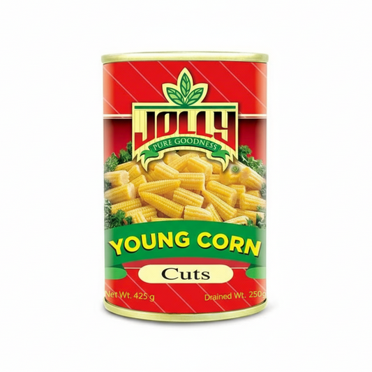Can of Jolly Young Corn Cuts on a white background