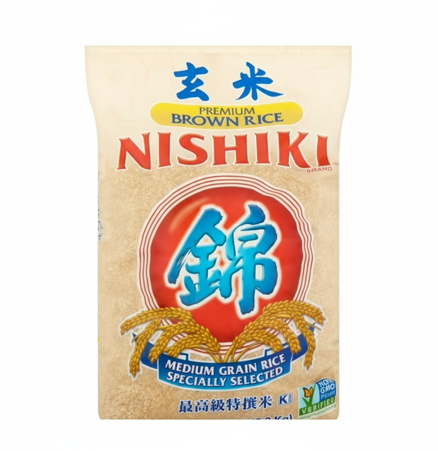 Nishiki brown rice package on a white background