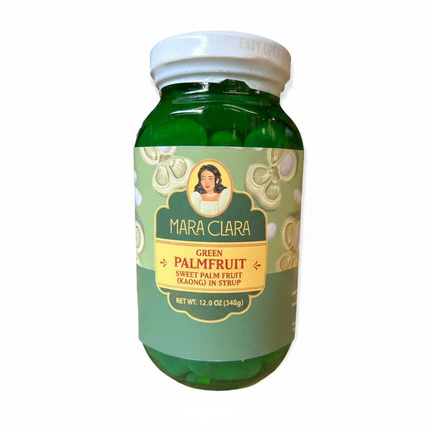 Green jar of Mara Clara Green Palmfruit on a white background