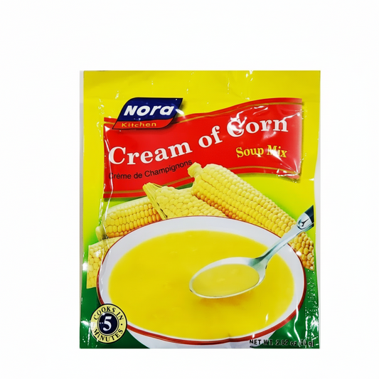 Nora Cream of Corn Soup Mix packaging with a bowl of soup and corn on a yellow background.