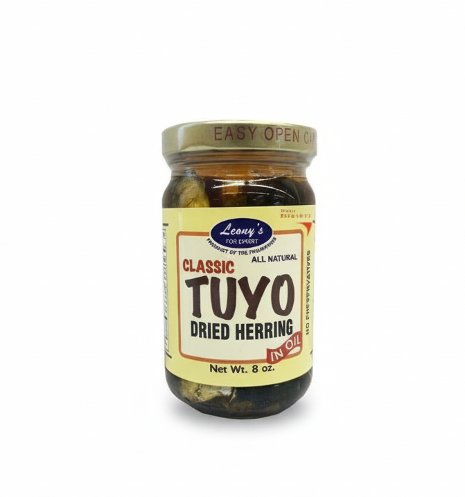 Jar of Leony's Classic Tuyo Dried Herring on a white background