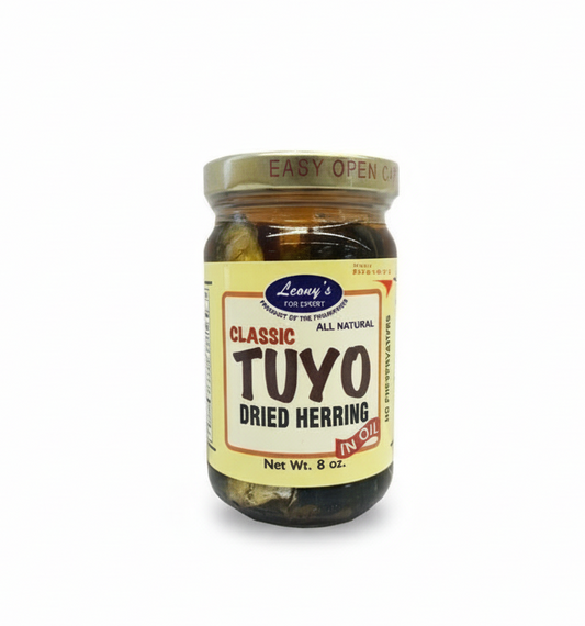Jar of Leony's Classic Tuyo Dried Herring on a white background