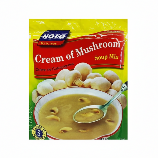 Nora Cream of Mushroom Soup Mix packaging with a bowl of soup and mushrooms on a white background.