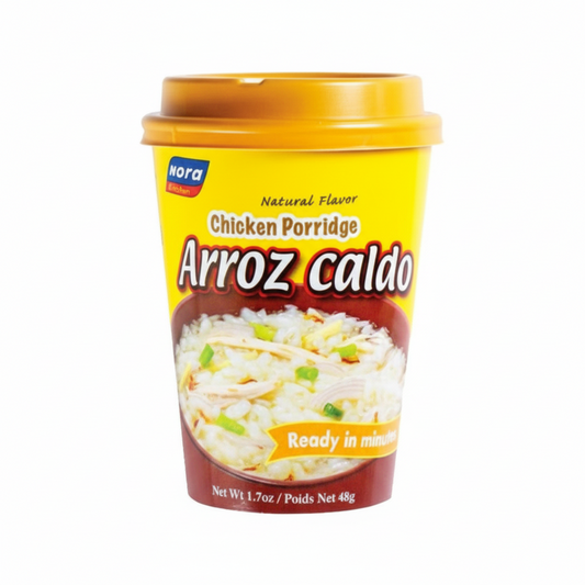 Nora Chicken Porridge Arroz Caldo container with yellow lid on a white background