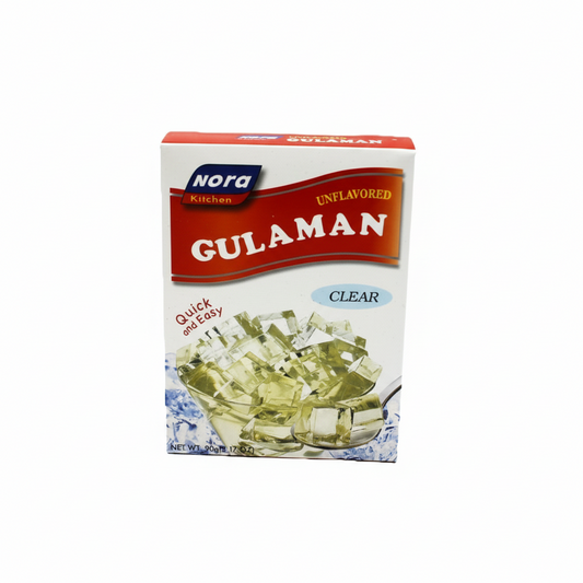 Box of Nora Gulaman unflavored clear gelatin on a white background