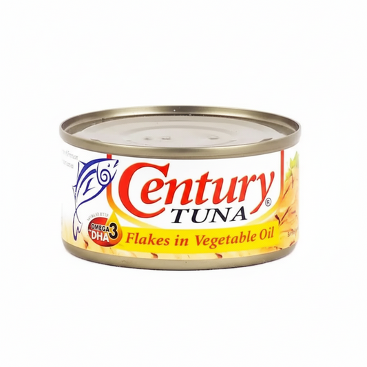 Can of Century Tuna Flakes in Vegetable Oil on a white background